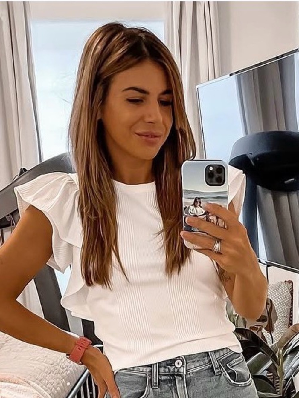 H&M White Ruffle Sleeve Top